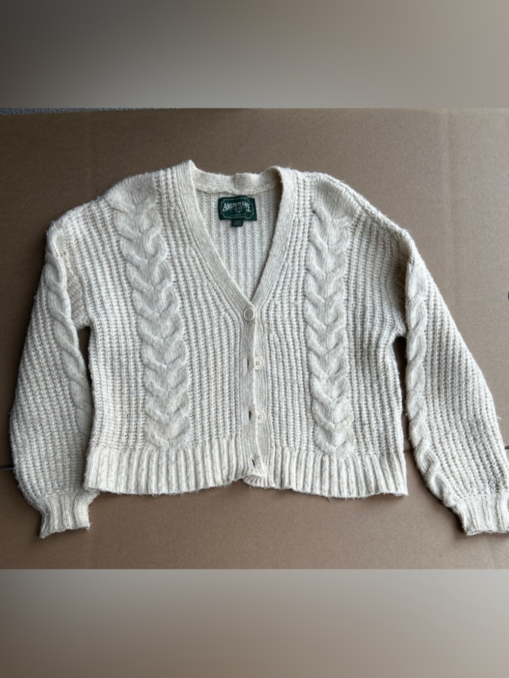 American Eagle Outfitters Ivory Cable-Front V-Neck Cardigan